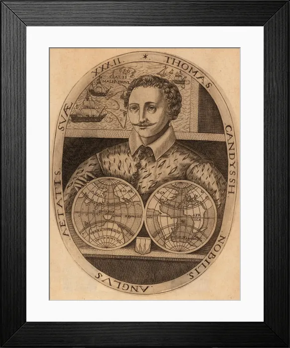 Framed Print : Thomas Cavendish was an English explorer and a privateer. The double hemisphere map shows the route of his deliberate circumnavigation through the worlds oceans (BSLOC_2020_1_99) Framed Print : Thomas Cavendish was an English explorer and a privateer. The double hemisphere map shows the route of his deliberate circumnavigation through the worlds oceans (BSLOC_2020_1_99)