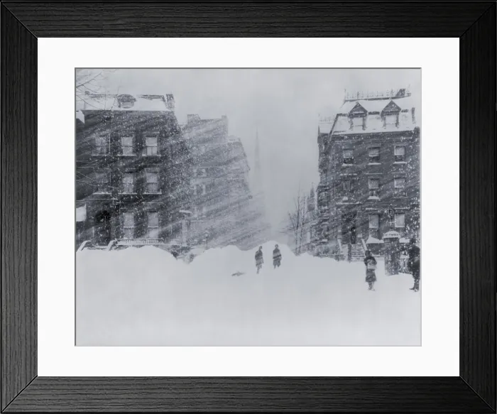 Framed Print : Blizzard of 1888 in New York City. Four people stand in the falling snow on recently plowed Fulton Street in Brooklyn. Photo by C.H. Jordan (BSLOC_2020_2_110)