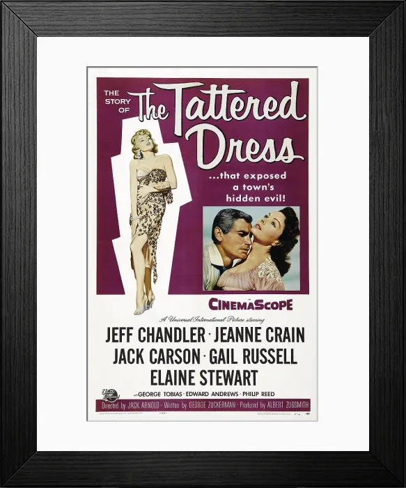 Framed Print : THE TATTERED DRESS, US poster art, from right: Elaine Stewart, Jeff Chandler, Jeanne Crain, 1957