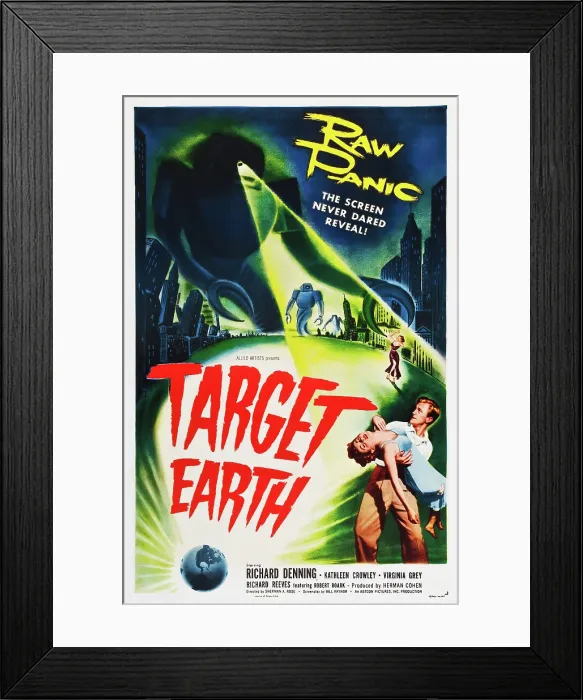 Framed Print : TARGET EARTH, bottom right: Richard Denning, Kathleen Crowley (being held), 1954