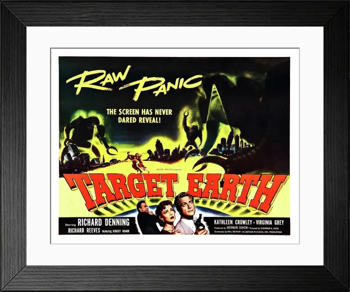 Framed Print : TARGET EARTH, bottom center: Kathleen Crowley, bottom right: Richard Denning, 1954