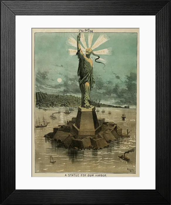 Framed Print : A Statue for OUR Harbor'. 1881 Anti-Chinese cartoon appeared in THE WASP, a San Francisco magazine