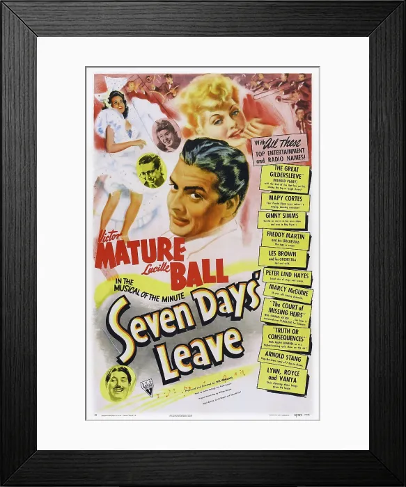 Framed Print : SEVEN DAYS LEAVE, US poster art, Victor Mature, Lucille Ball, 1942 Framed Print : SEVEN DAYS LEAVE, US poster art, Victor Mature, Lucille Ball, 1942