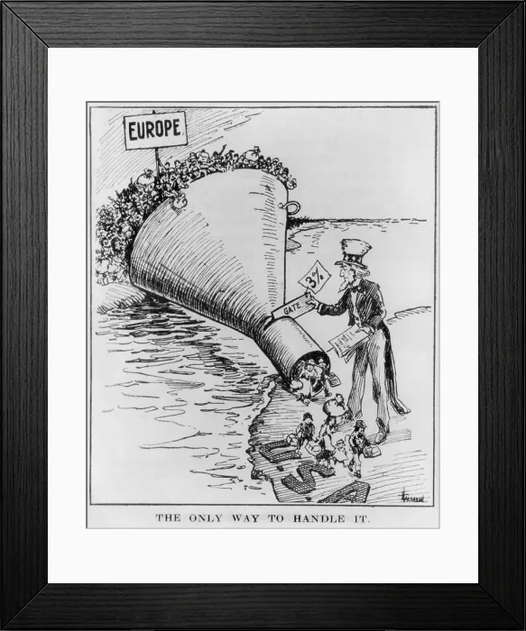 Framed Print : Anti-immigration political cartoon in THE LITERARY DIGEST of May 7, 1921. A funnel crowded with European emigrants at the top delivers only a trickle to the US (BSLOC_2018_1_96)