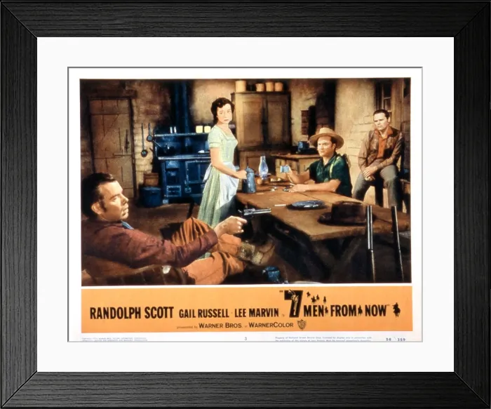 Framed Print : SEVEN MEN FROM NOW, (aka 7 MEN FROM NOW), from left: Lee Marvin, Gail Russell, Walter Reed, Donald Barry, 1956