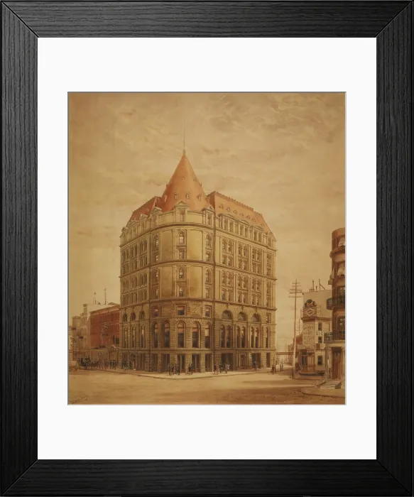 Framed Print : Cotton Exchange Building and Delmonico's restaurant (far right), on Hanover Square, at the intersection of William and Beaver Street in downtown Manhattan