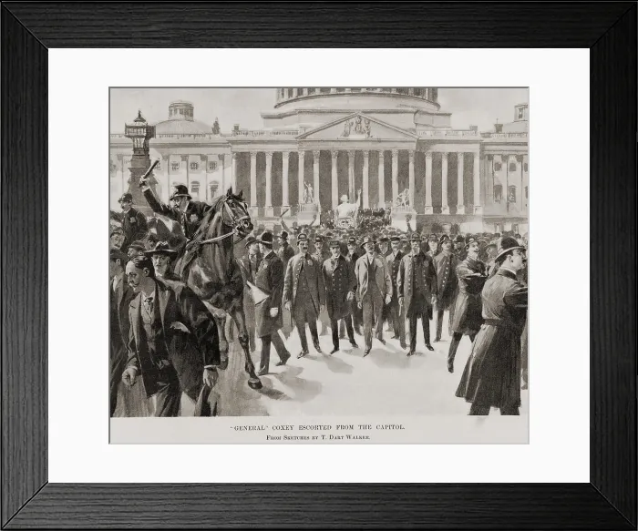 Framed Print : Police escorting General Jacob Coxey from the steps of the Capitol where he was speaking. The technical reason for his arrest was walking on the Capitol grass Framed Print : Police escorting General Jacob Coxey from the steps of the Capitol where he was speaking. The technical reason for his arrest was walking on the Capitol grass