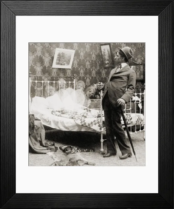 Framed Print : Drunk man seeing vision of four headed women in bed in a humorous photo of 1897