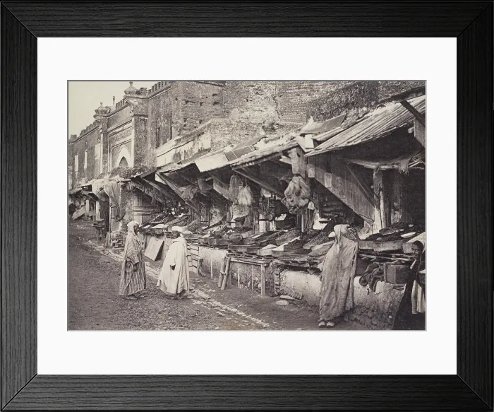 Framed Print : Outdoor market where vendors sell dried fruits and vegetables in Fez, Morocco