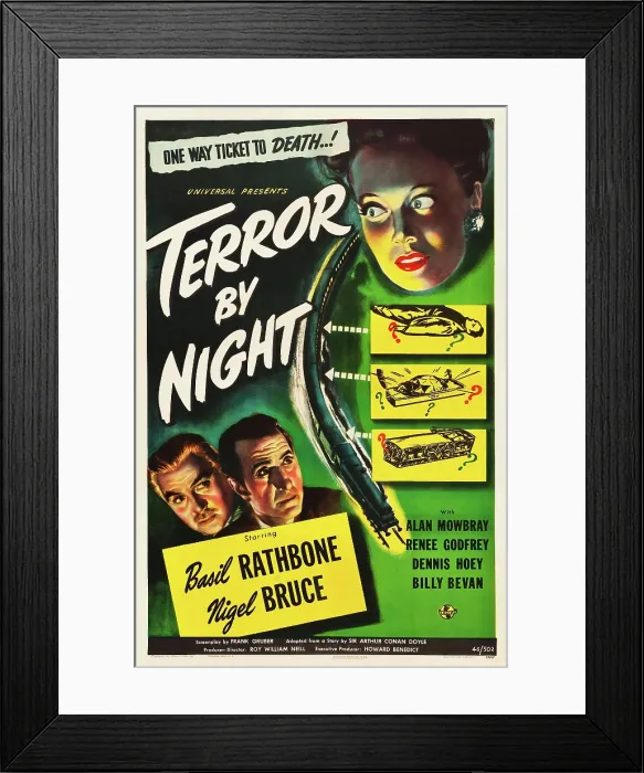 Framed Print : TERROR BY NIGHT, bottom left from left: Nigel Bruce, Basil Rathbone, top right: Renee Godfrey, 1946