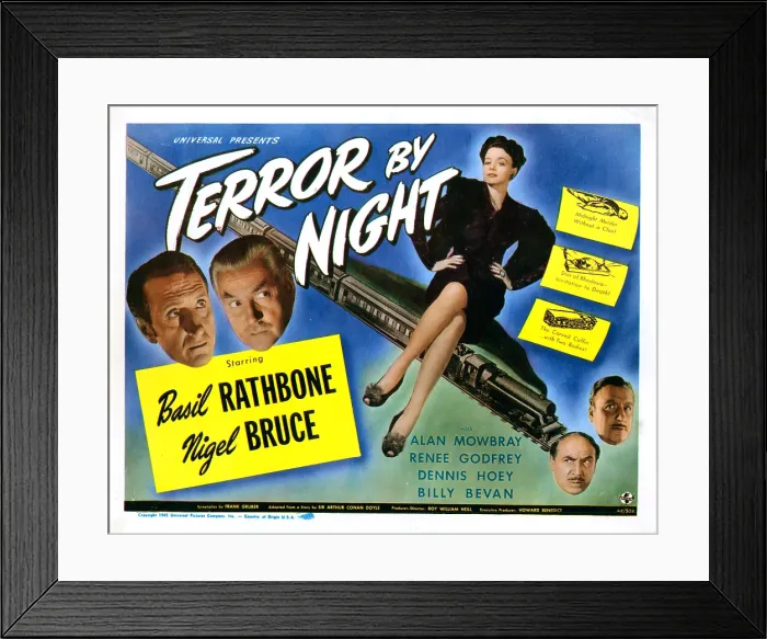 Framed Print : TERROR BY NIGHT, from left: Basil Rathbone, Nigel Bruce, Renee Godfrey, Dennis Hoey, Billy Bevan, 1946 Framed Print : TERROR BY NIGHT, from left: Basil Rathbone, Nigel Bruce, Renee Godfrey, Dennis Hoey, Billy Bevan, 1946