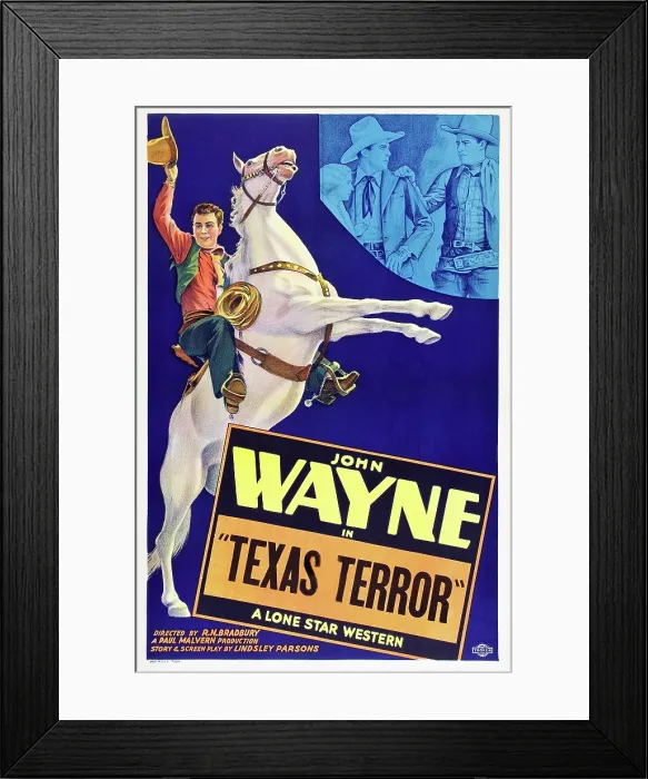 Framed Print : TEXAS TERROR, left: John Wayne, top right left: Lucille Browne, top far right: John Wayne, 1935