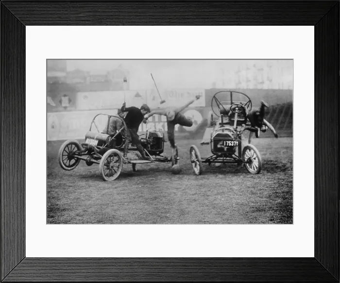 Framed Print : Mallet men are thrown from the cars in an auto polo match in the 1910s Framed Print : Mallet men are thrown from the cars in an auto polo match in the 1910s