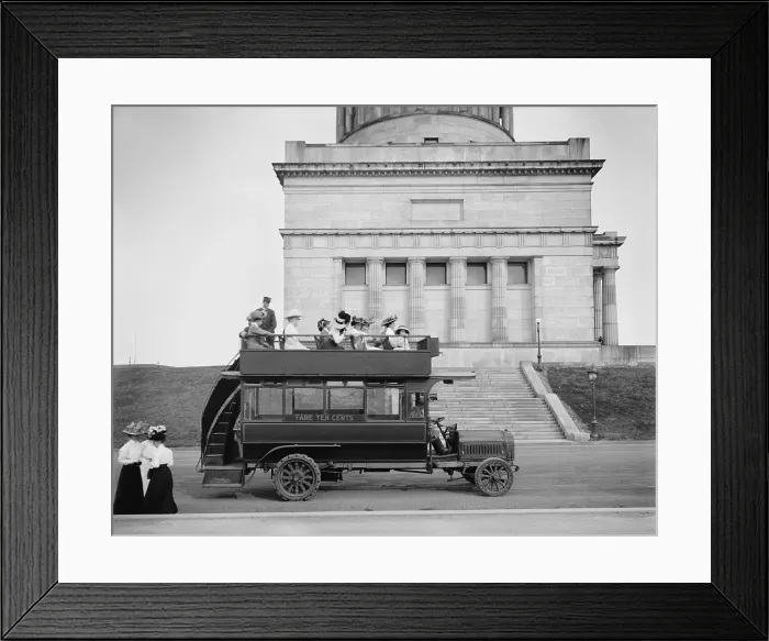 Framed Print : Enclosed tourist bus with open rooftop seating stops at Ulysses S. Grant's Tomb, in New York City. 1905-1910 Framed Print : Enclosed tourist bus with open rooftop seating stops at Ulysses S. Grant's Tomb, in New York City. 1905-1910