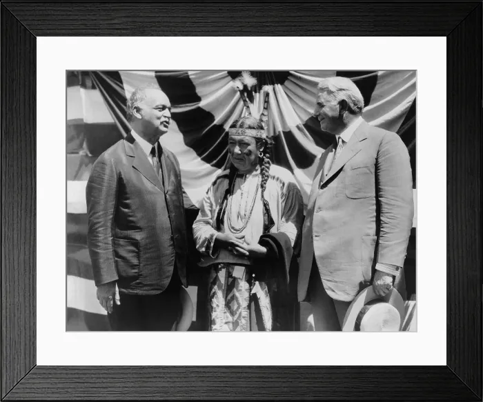 Framed Print : Senator Charles Curtis, the 1928 Republican vice-presidential nominee serves as interpreter for Mrs. Nehgambe, a Native American of the Pawnee people