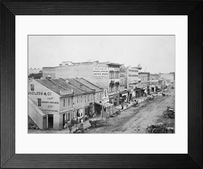 Framed Print : Street in Springfield, Illinois, during the 1850s where Abraham Lincoln and William Herndon had their law office, it's location is marked by an X (BSLOC_2020_2_128) Framed Print : Street in Springfield, Illinois, during the 1850s where Abraham Lincoln and William Herndon had their law office, it's location is marked by an X (BSLOC_2020_2_128)