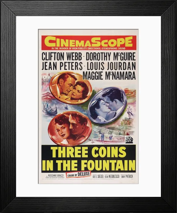 Framed Print : THREE COINS IN THE FOUNTAIN, top left: Clifton Webb, Dorothy McGuire, right: Maggie McNamara, Louis Jourdan, bottom: Jean Peters, Rossano Brazzi, 1954 Framed Print : THREE COINS IN THE FOUNTAIN, top left: Clifton Webb, Dorothy McGuire, right: Maggie McNamara, Louis Jourdan, bottom: Jean Peters, Rossano Brazzi, 1954