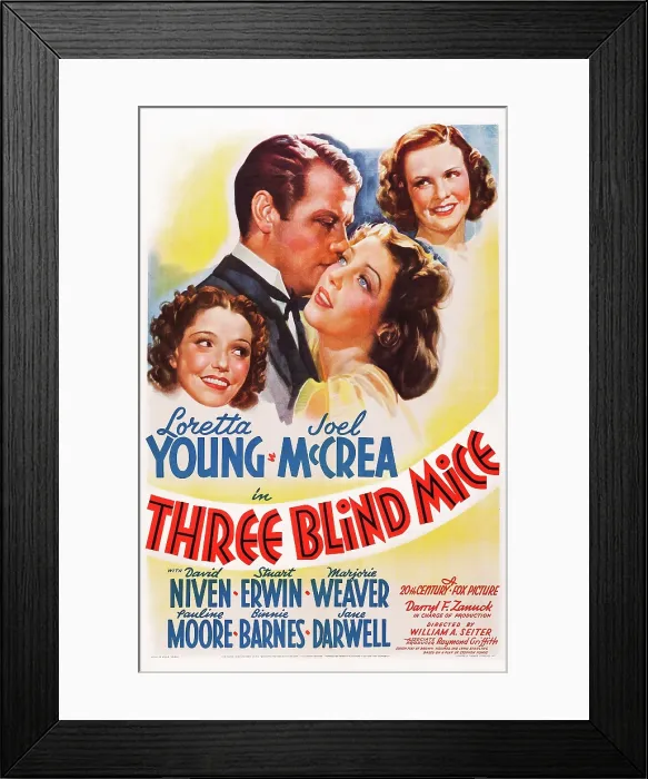 Framed Print : THREE BLIND MICE, from left: Marjorie Weaver, Joel McCrea, Loretta Young, Pauline Moore on poster art, 1938, TM and Copyright 20th Century Fox Film Corp