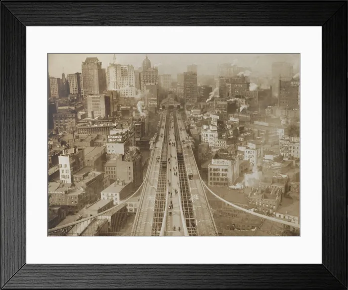 Framed Print : View from west tower of the Brooklyn Bridge shows the long reach of its roadway into Manhattan, c. 1910. (BSLOC_2018_2_166)