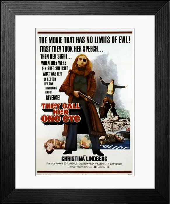 Framed Print : THRILLER: A CRUEL PICTURE, (aka THRILLER - EN GRYM FILM, aka THEY CALL HER ONE EYE, aka HOOKER'S REVENGE), US poster art, Christina Lindberg, 1974