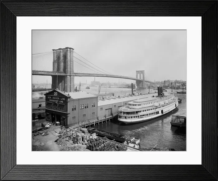 Framed Print : Passenger ferry docked at Pier 20 on South Street, near the Brooklyn Bridge. In 1900 ferries were still the dominant means of transport to Manhattan