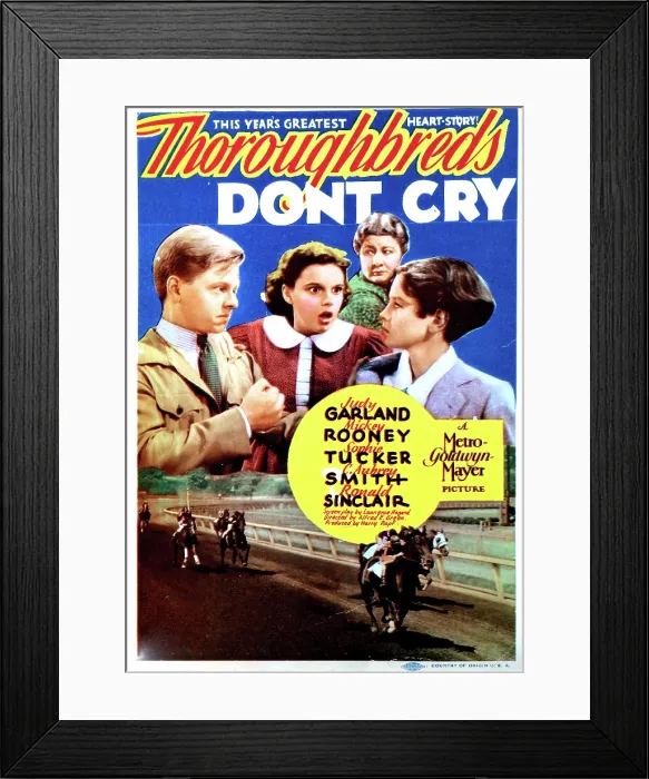 Framed Print : THOROUGHBREDS DON'T CRY, US poster, from left: Mickey Rooney, Judy Garland, Sophie Tucker, Ronald Sinclair, midget window card, 1937