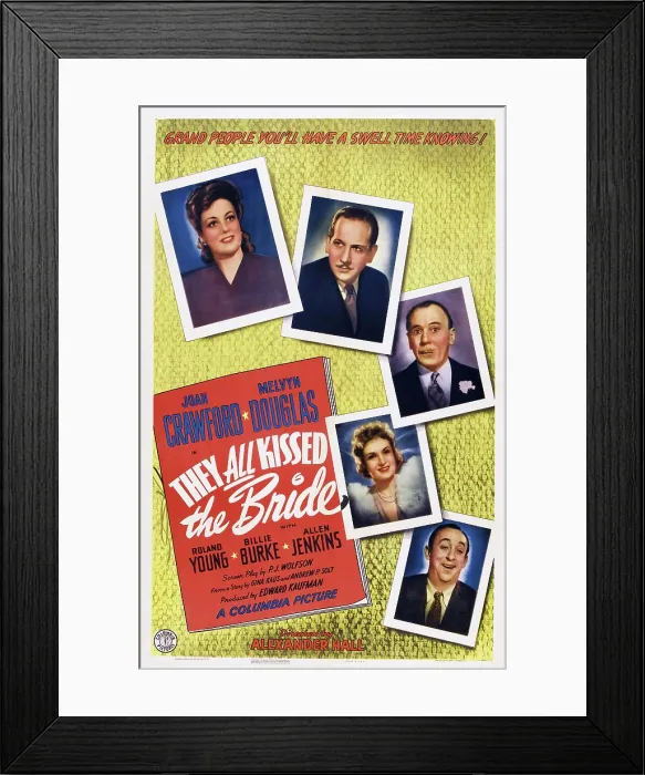 Framed Print : THEY ALL KISSED THE BRIDE, US poster art, from top left: Joan Crawford, Melvyn Douglas, Roland Young, Billie Burke, Allen Jenkins, 1942 Framed Print : THEY ALL KISSED THE BRIDE, US poster art, from top left: Joan Crawford, Melvyn Douglas, Roland Young, Billie Burke, Allen Jenkins, 1942