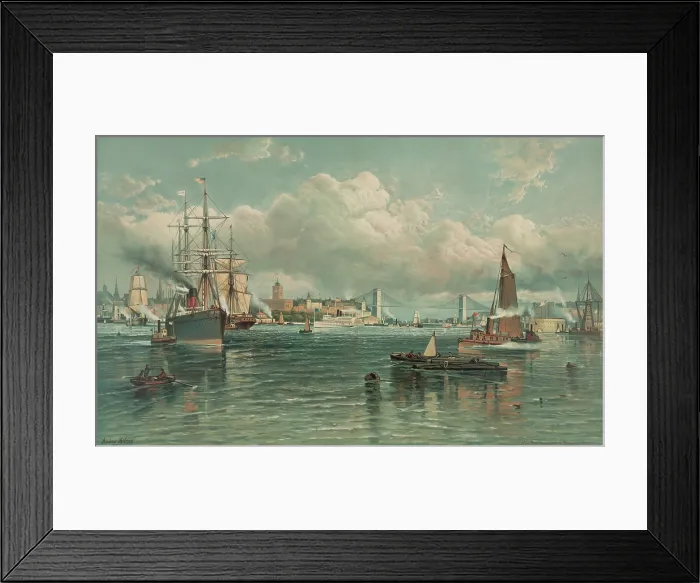 Framed Print : New York Harbor with the Brooklyn Bridge in the background, 1887. Steamships, sailboats, and small craft move through the water (BSLOC_2018_2_161) Framed Print : New York Harbor with the Brooklyn Bridge in the background, 1887. Steamships, sailboats, and small craft move through the water (BSLOC_2018_2_161)