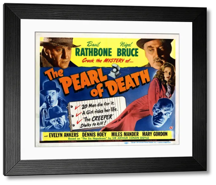 Framed Print : THE PEARL OF DEATH, (top) Basil Rathbone, Nigel Bruce, (bottom right) Rondo Hatton, Evelyn Ankers, (bottom left) Dennis Hoey, Miles Mander, 1944