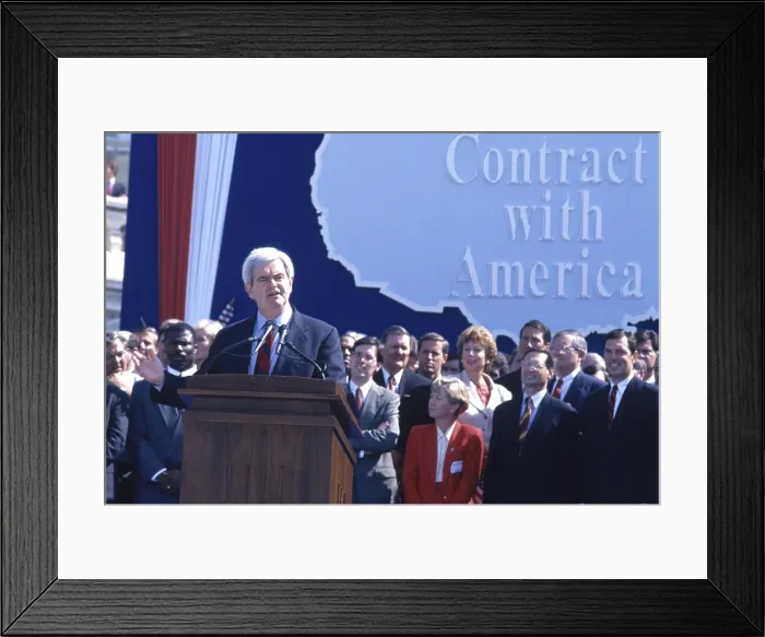 Framed Print : Speaker of the House, Newt Gingrich, promoting his legislative agenda, Contract with America in Sept. 27, 1994. It aimed to constrain government growth Framed Print : Speaker of the House, Newt Gingrich, promoting his legislative agenda, Contract with America in Sept. 27, 1994. It aimed to constrain government growth