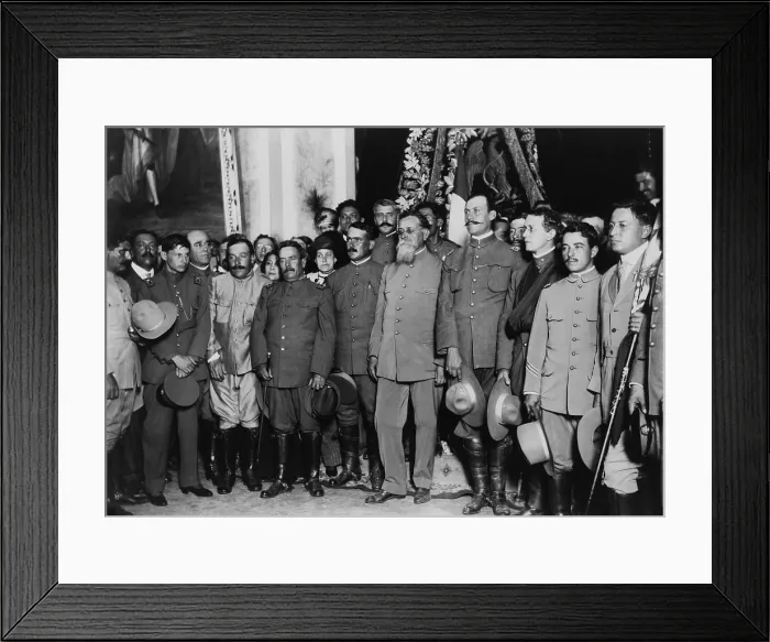 Framed Print : The gray bearded Mexican Constitutionalist, Venustiano Carranza, with Gen. Alvaro Obregon on his right, in 1916