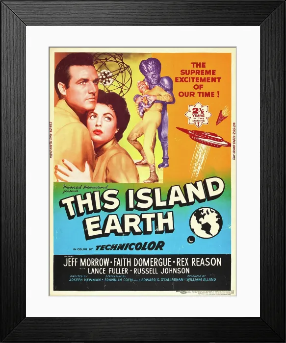 Framed Print : THIS ISLAND EARTH, from left: Rex Reason, Faith Domergue, Jeff Morrow on poster art, 1955