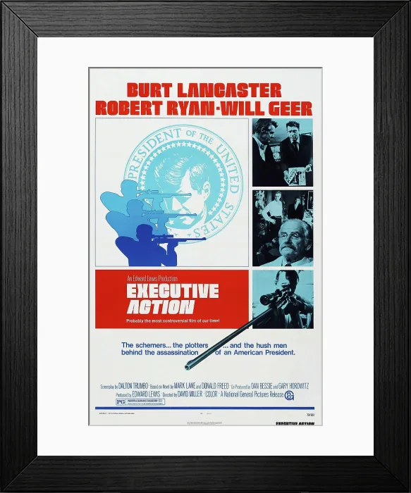 Framed Print : EXECUTIVE ACTION, US poster, top from left: Robert Ryan, Burt Lancaster, Will Geer (center), 1973 Framed Print : EXECUTIVE ACTION, US poster, top from left: Robert Ryan, Burt Lancaster, Will Geer (center), 1973