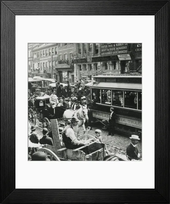 Framed Print : Horse-drawn wagons, carriages, a trolley car, and pedestrians in Philadelphia, 1897