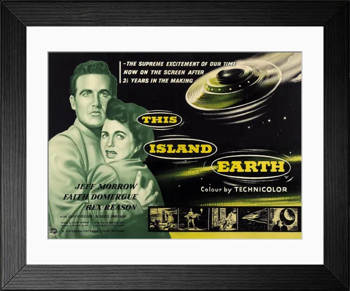 Framed Print : THIS ISLAND EARTH, l-r: Rex Reason, Faith Domergue on UK poster art, 1955