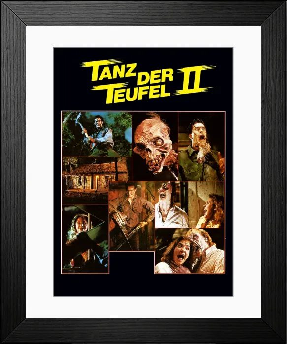 Framed Print : EVIL DEAD II, (aka TANZ DER TEUFEL II, aka EVIL DEAD 2: DEAD BY DAWN), top left, right and center: Bruce Campbell on German poster art, 1987