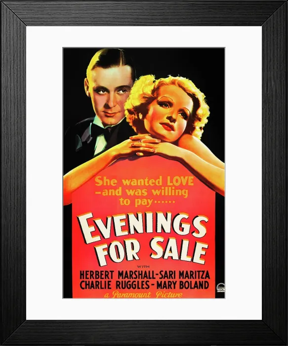 Framed Print : EVENINGS FOR SALE, from left on US poster art: Herbert Marshall, Sari Maritza, 1932