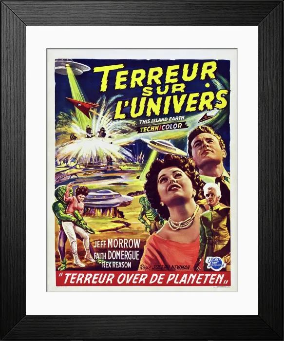 Framed Print : THIS ISLAND, EARTH (aka TERREUR SUR L'UNIVERS), from left: Faith Domergue, Jeff Morrow, Rex Reason on Belgian poster art, 1955 Framed Print : THIS ISLAND, EARTH (aka TERREUR SUR L'UNIVERS), from left: Faith Domergue, Jeff Morrow, Rex Reason on Belgian poster art, 1955