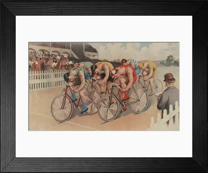Framed Print : Art poster of six bicyclists racing past cheering spectators watching from a race track grand stand, c. 1895. (BSLOC_2018_2_176)