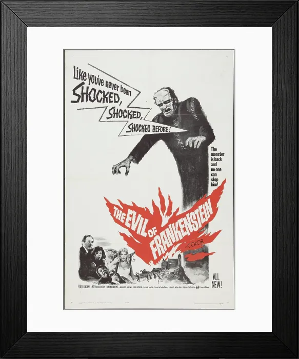 Framed Print : THE EVIL OF FRANKENSTEIN, top: Kiwi Kingston, bottom l-r: Peter Cushing, Katy Wild, Caron Gardner, Peter Woodthorpe on poster art, 1964