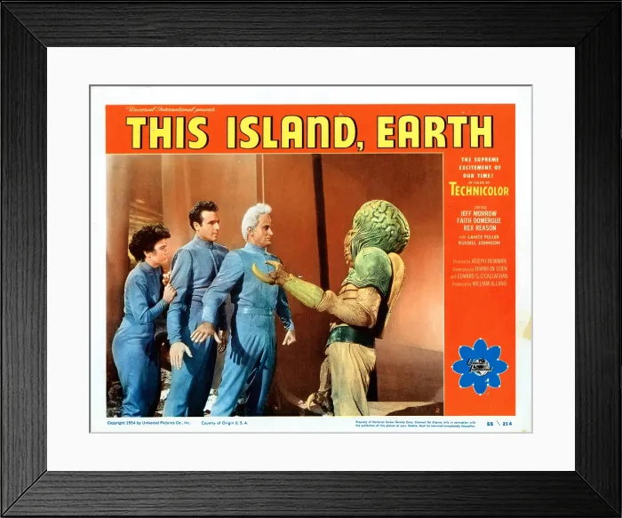 Framed Print : THIS ISLAND EARTH, US lobbycard, from left: Faith Domergue, Rex Reason, Jeff Morrow, 1955