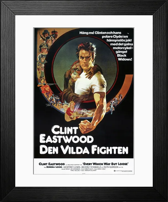 Framed Print : EVERY WHICH WAY BUT LOOSE, (aka DEN VILDA FIGHTEN), Swedish poster, from center left: Clyde the Orangutan, Clint Eastwood, 1978. Warner Bros. / courtesy Everett Collection