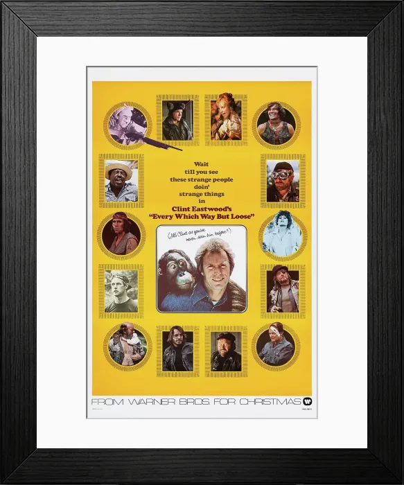Framed Print : EVERY WHICH WAY BUT LOOSE, US poster, center photo: Clyde the Orangutan, Clint Eastwood, 1978. Warner Bros. / courtesy Everett Collection Framed Print : EVERY WHICH WAY BUT LOOSE, US poster, center photo: Clyde the Orangutan, Clint Eastwood, 1978. Warner Bros. / courtesy Everett Collection