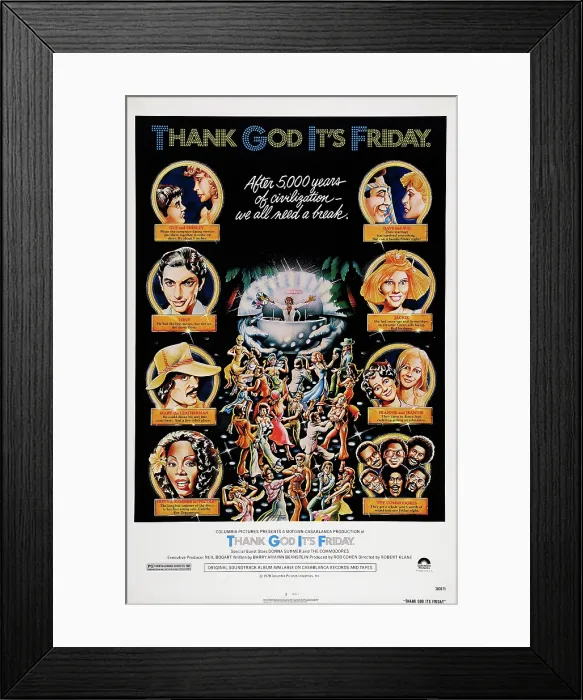 Framed Print : THANK GOD IT'S FRIDAY, US poster, left from top: Chuck Sacci, Hilary Beane, Jeff Goldblum, Chick Vennera, Donna Summer, right from top: Mark Lonow, Andrea Howard, Mews Small