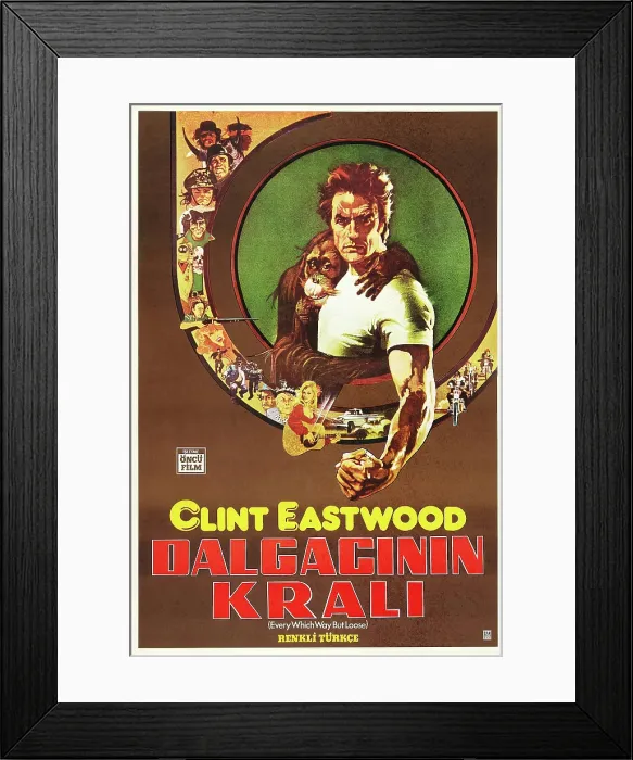 Framed Print : EVERY WHICH WAY BUT LOOSE, (aka DALGACININ KRALI), Turkish poster, from center left: Clyde the Orangutan, Clint Eastwood, 1978. Warner Bros. / courtesy Everett Collection