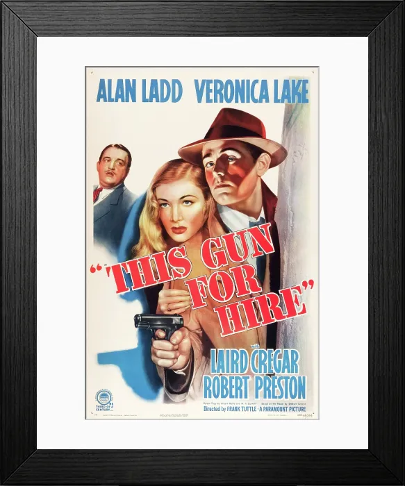 Framed Print : THIS GUN FOR HIRE, from left: Laird Cregar, Veronica Lake, Alan Ladd on 1945 re-release poster, 1942