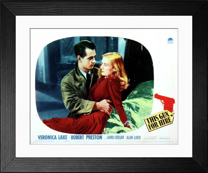 Framed Print : THIS GUN FOR HIRE, from left: Alan Ladd, Veronica Lake on lobbycard, 1942