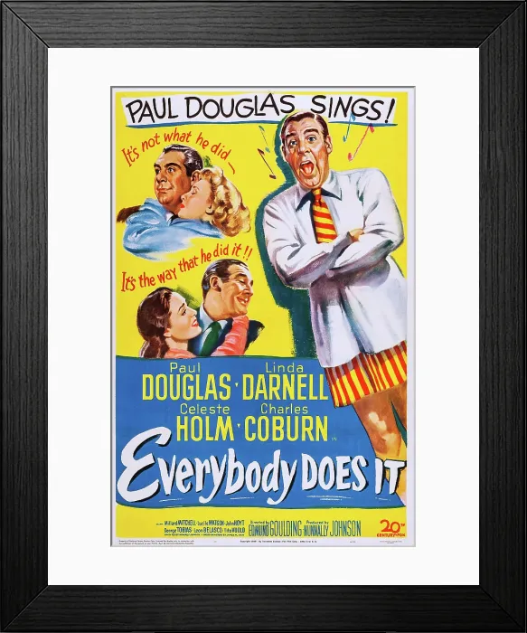 Framed Print : EVERYBODY DOES IT, US poster, top from left: Paul Douglas, Celeste Holm, bottom from left: Linda Darnell, Paul Douglas (and right), 1949 Framed Print : EVERYBODY DOES IT, US poster, top from left: Paul Douglas, Celeste Holm, bottom from left: Linda Darnell, Paul Douglas (and right), 1949