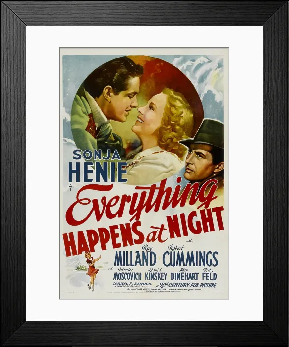 Framed Print : EVERYTHING HAPPENS AT NIGHT, Robert Cummings, Sonja Henie, Ray Milland, 1939, TM and Copyright 20th Century Fox Film Corp. All rights reserved. / courtesy Everett Collection Framed Print : EVERYTHING HAPPENS AT NIGHT, Robert Cummings, Sonja Henie, Ray Milland, 1939, TM and Copyright 20th Century Fox Film Corp. All rights reserved. / courtesy Everett Collection