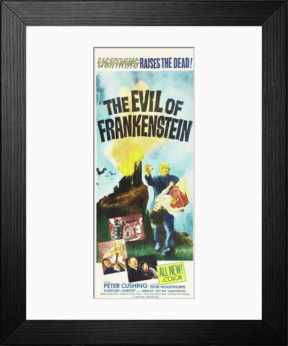 Framed Print : EVIL OF FRANKENSTEIN, top: Kiwi Kingston, bottom l-r: Caron Gardner, Peter Woodthorpe, Peter Cushing, Katy Wild on insert poster, 1964